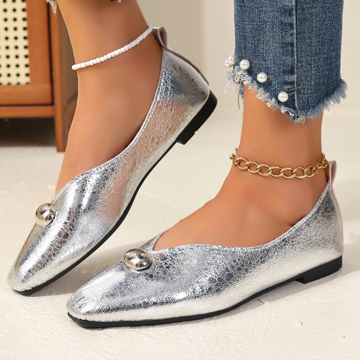 Women Flats Plus Size French Style Shoes One Step Shallow Square Toe Loafers Shoes Versatile Comfortable Summer Sneakers Women