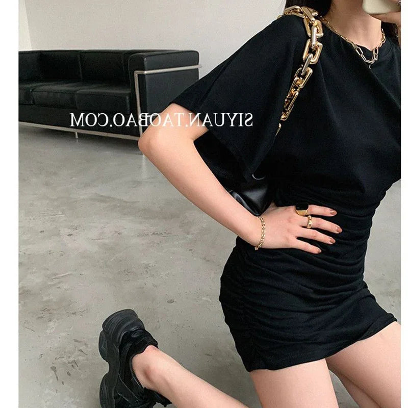 2025 Summer Lady Concise Fashion Ruched Wrap Hip Dress Women Solid Color Thin Short Skirts Female Chic Korean Sexy Party Dress