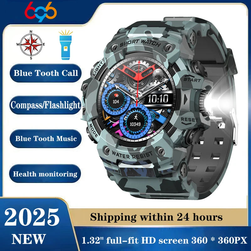 Outdoor Sports Smart Watches Men Blue Tooth Call Smartwatch Compass Waterproof Sleep Health Monitoring Message Push Flashlight