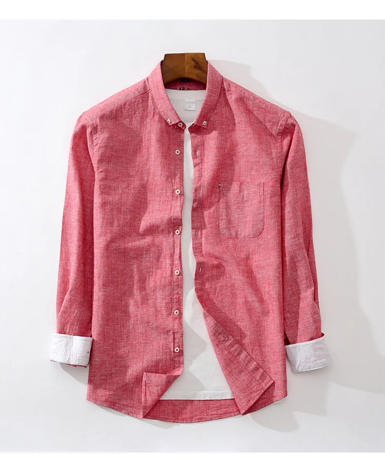 Shirt New Men's Fashion Solid Color Cotton Linen Everything Trend British Style Casual Business Formal Long-sleeved Shirt