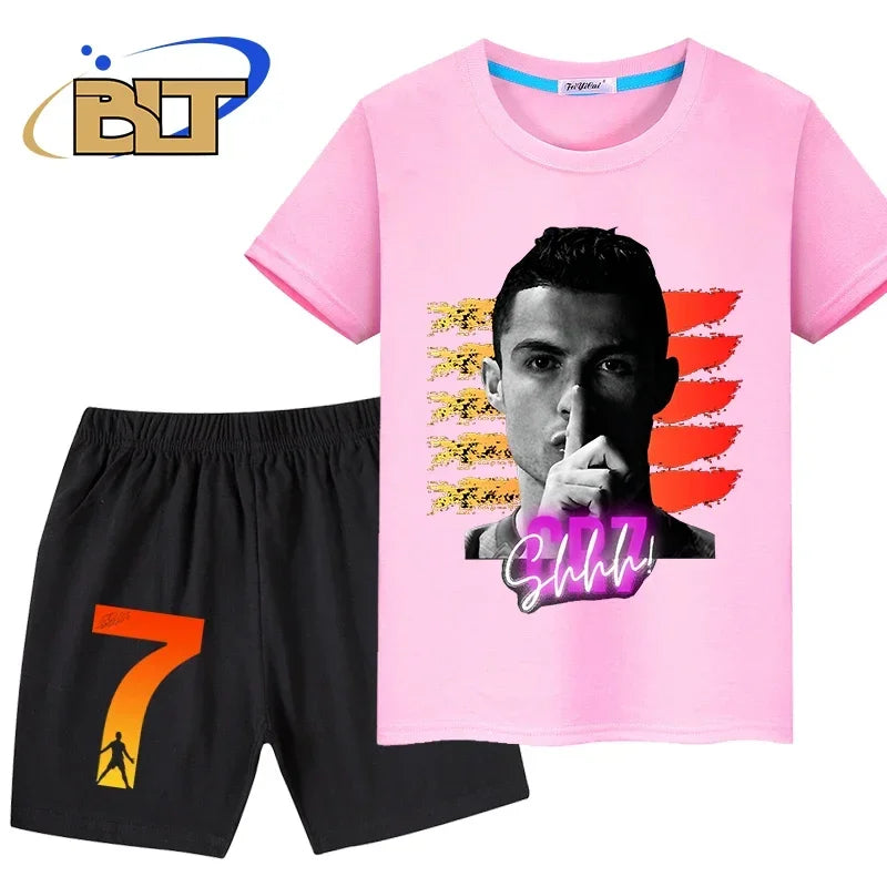 Ronaldo head print summer children's clothing kids T-shirt set pure cotton short-sleeved shorts 2-piece set boys and girls gifts