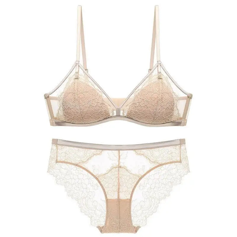 Sexy Lace Mesh Wireless Bra Set  Bra Soft Triangle Cup Bralette Panties Set Thin Lined Transparent Set Underwear Women Lingerie