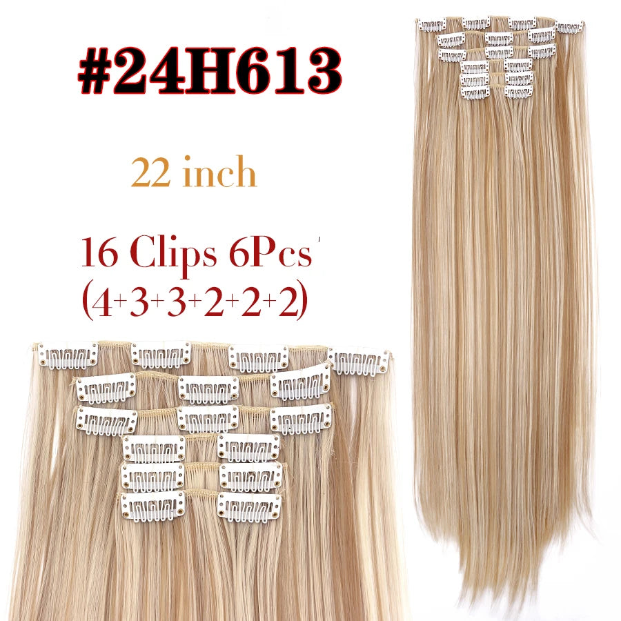 22 Inches Synthetic Long Straight Hairstyle 16 Clips 6Pcs/Set Hair Extensions Blonde Black Hairpieces Heat Resistant For Women
