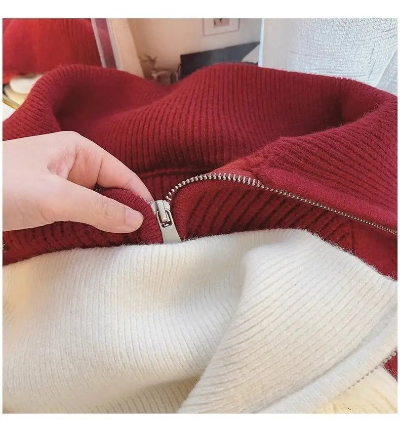 2024 Autumn New Korean Style Versatile Basics Half-zipper Loose Lapel Winter Long-sleeved Lazy Sweater Pullover Top
