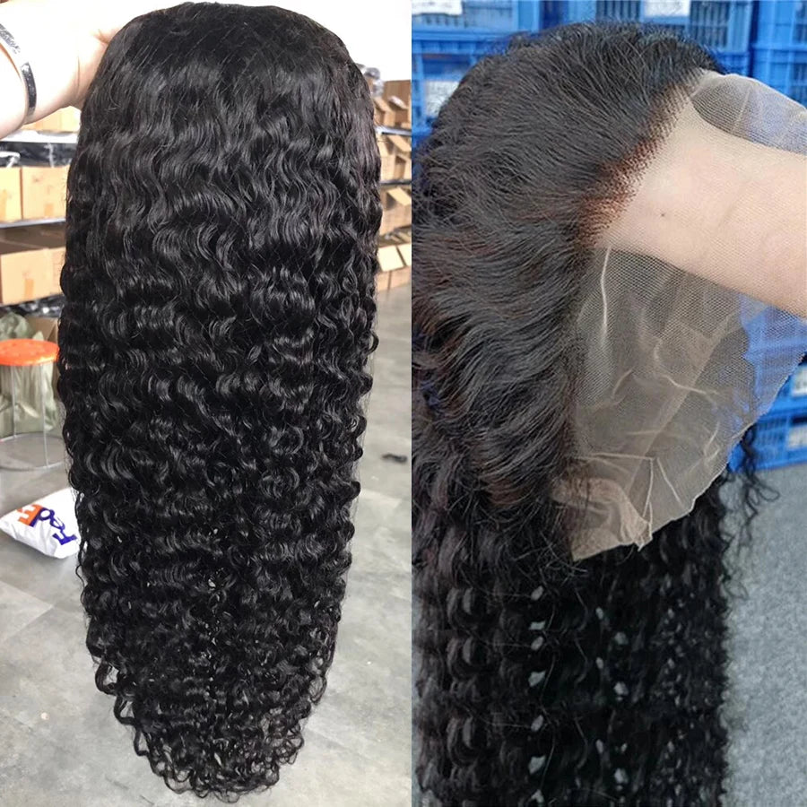 Princess Deep Wave 13X5 Lace Frontal Wigs For Women Brazilian Human Hair Wig Transparent Lace Pre plucked Natural Black Color