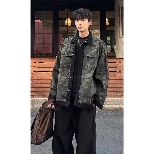 Men's Camouflage Denim Jacket Autumn Washed Turn down Collar Single-Breasted Long Sleeve Loose Fit Vintage Workwear Street Style