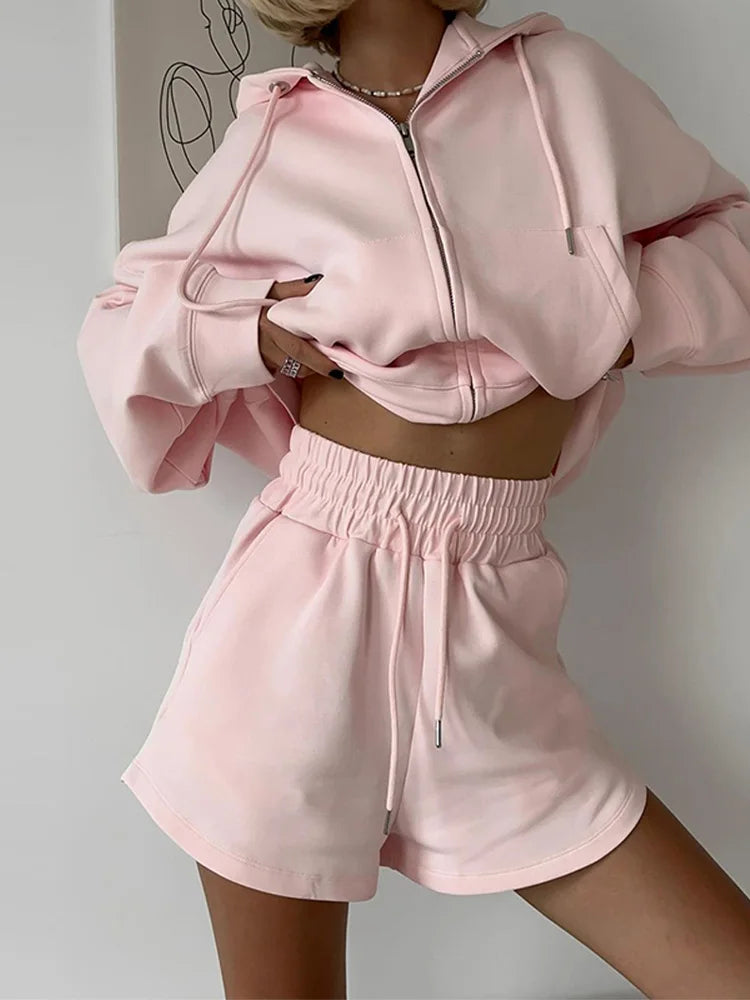 Fashion Women's Hoodie Shorts Pants Long Sleeve Pocket Lace Up Short Pants Lady Set 2025 Summer Autumn Casual 2 Piece Set Women