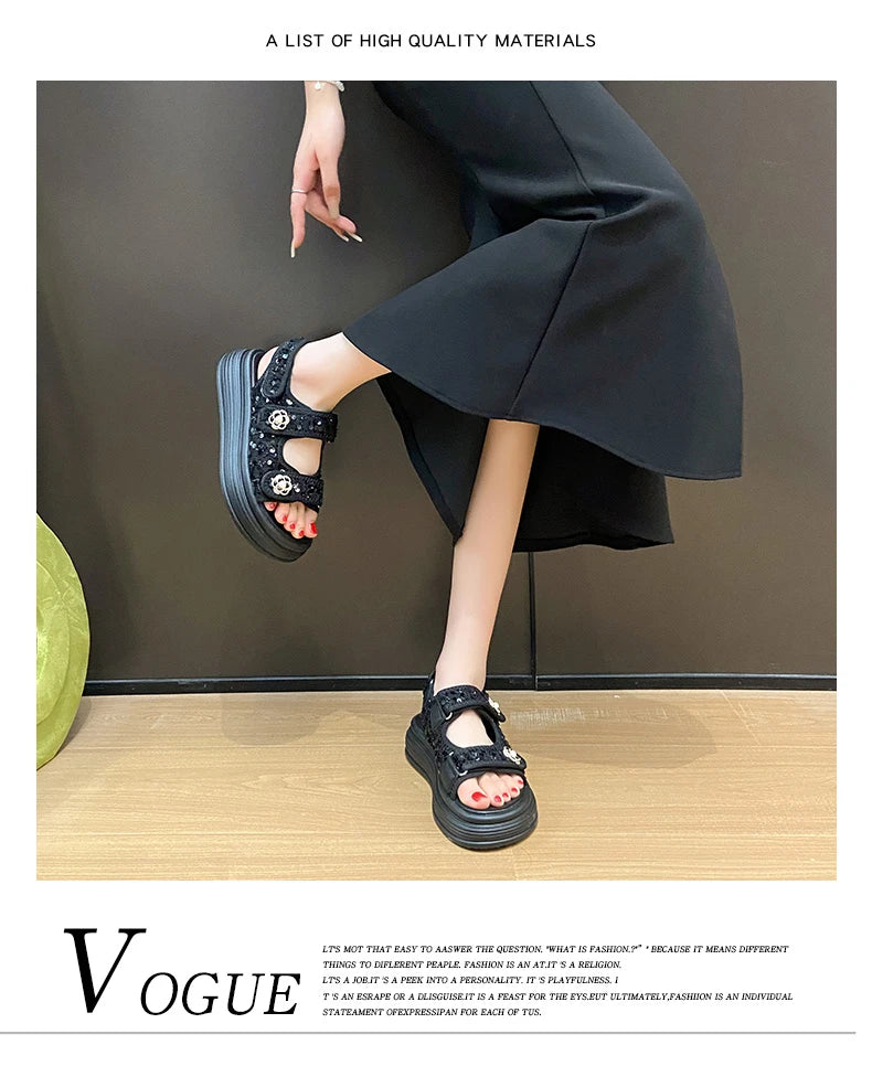 Women's Platform Sandals Handmade Leather Rubber Bottom Flat Sandals Metal Decorative Element Summer Casual Ladies Outdoor Shoes
