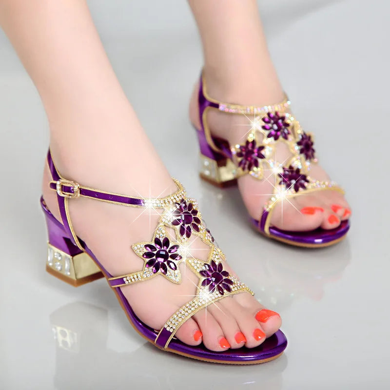 Comemore Ladies Low Block Heel Women's Sandal with Diamonds Outdoor Beach Shoes New Fashion Heeled Sandals High Heels Luxury 33