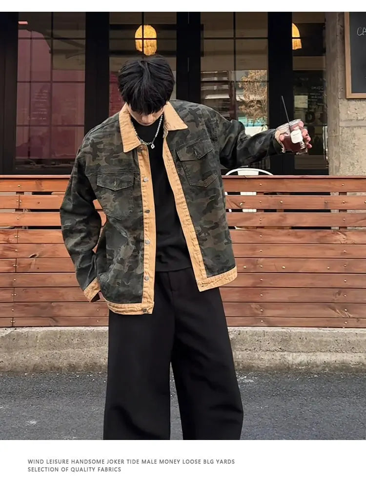 Men's Camouflage Denim Jacket Autumn Washed Turn down Collar Single-Breasted Long Sleeve Loose Fit Vintage Workwear Street Style
