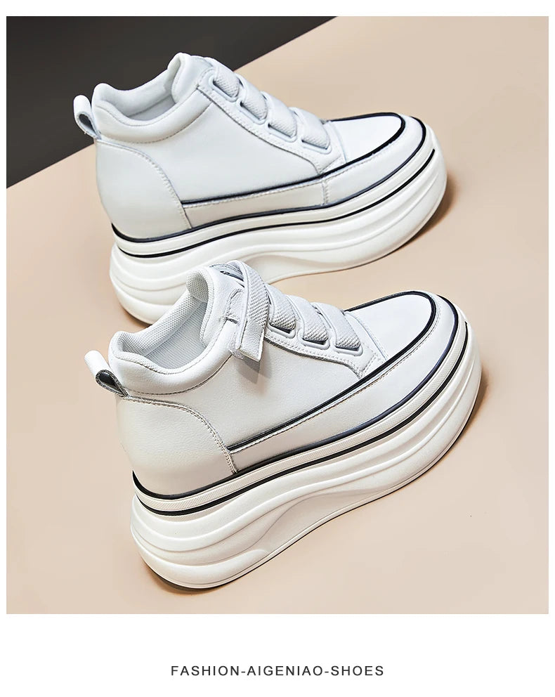 10cm Genuine Leather Platform Wedge Mid Calf Ankle Motorcycle Booties Non Slip Hidden Heel New Women Slip-On Autumn Spring Shoes