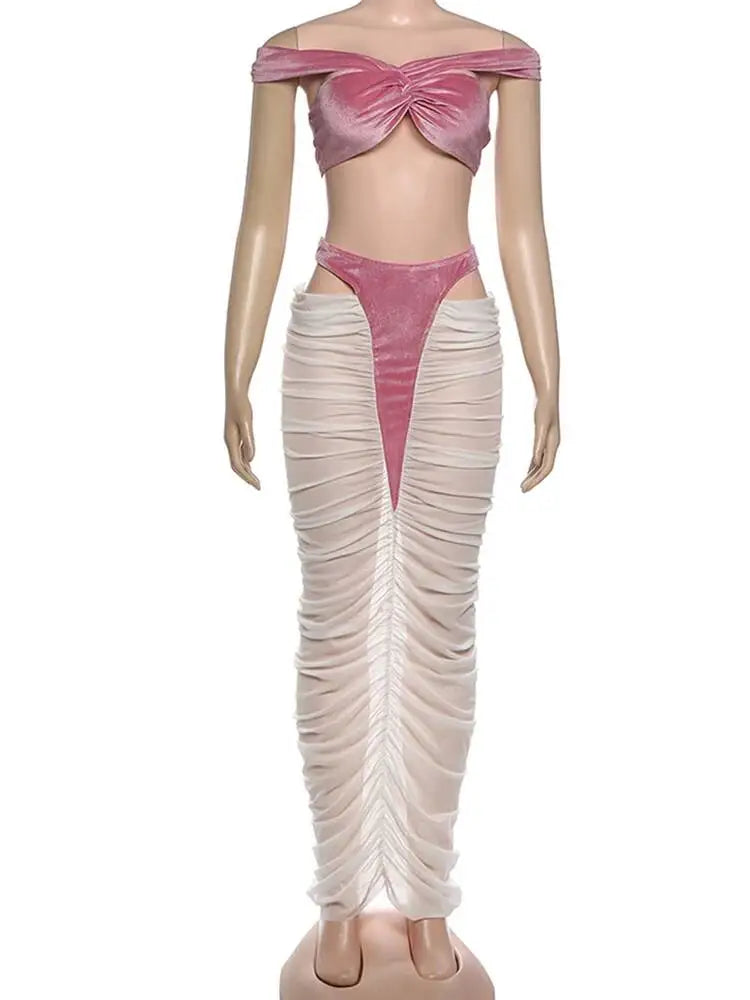 Sexy Fashion 2 Piece Set Woman Velvet Cross Kink Tank Tops+Hollow Design Ruched Long Skirts Club Party Coquette Outfits