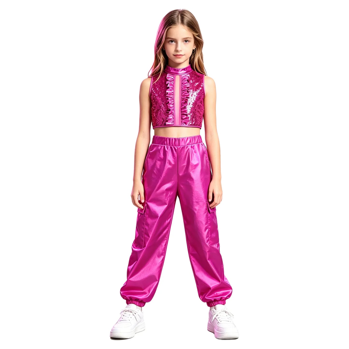 Kids Girls Disco Jazz Hip Hop Dance Outfit Sleeveless Shiny Sequin Ruffle Crop Top with Metallic Pants School Show Party Costume