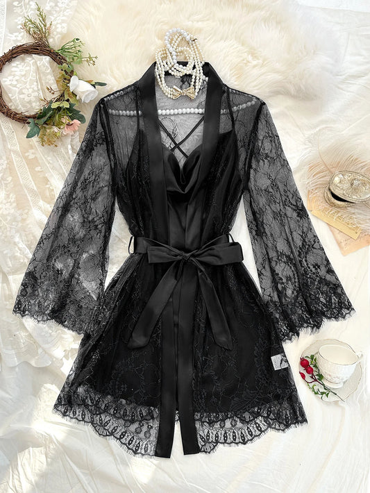 Women's 2 Piece Lace Pajamas Set Sheer Lace Robe with Belt and Crisscross Back Cami Slip Dress Sexy Nightgown Loungewear