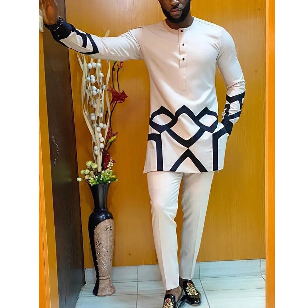 African Traditional Man Outfit Men 2PCS Suits Long-sleeved Round Neck Male Sets Shirt Top Pant Ethnic Style Casual Wear clothing