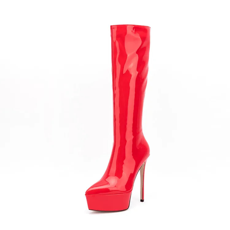 New Women Knee High Boots Patent Leather Pointed 15cm High Heels Winter Short Plush Waterproof Platform Girl Boots Large 34-45