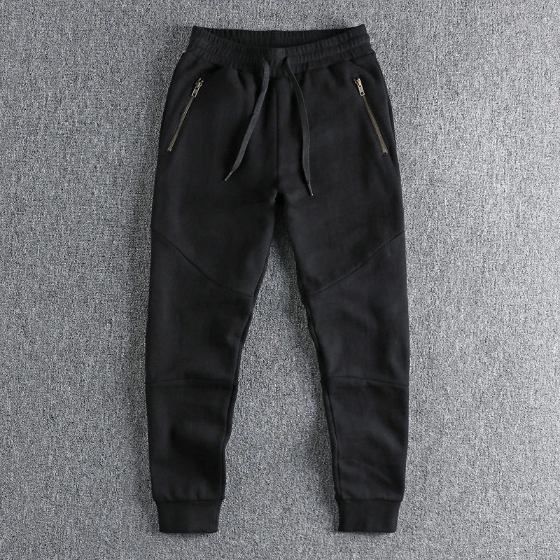 Autumn Winter American Retro Thick Sweatpants With Velvet Men's Pure Cotton Washed Heavyweight Knitted Sports Ankle-tied Pants