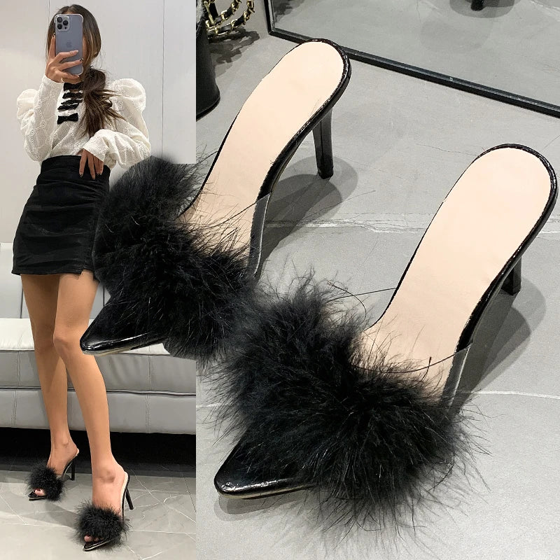 Women Modern Slippers Summer New Sexy Feather Decorate High Heels Stiletto Peep Toe Mules Plus Size Ladies Sexy Pumps Shoes