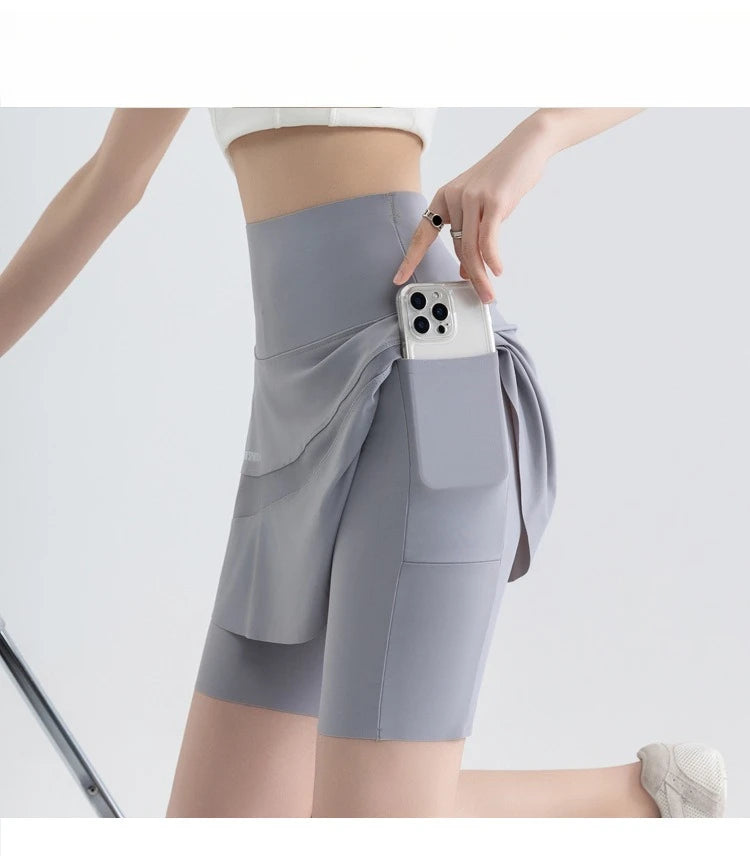 Fake Two Short Skirt Pants with Summer Pockets Crotch Half Skirt for Women High Waisted Oversized Quick Drying Sports Yoga Pants