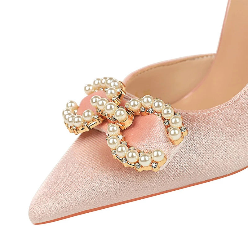 BIGTREE Shoes 7 cm Kitten high heels Rhinestone buckle Pearl Design Women Pumps Suede Ladies Heels Stilettos Luxury party shoes
