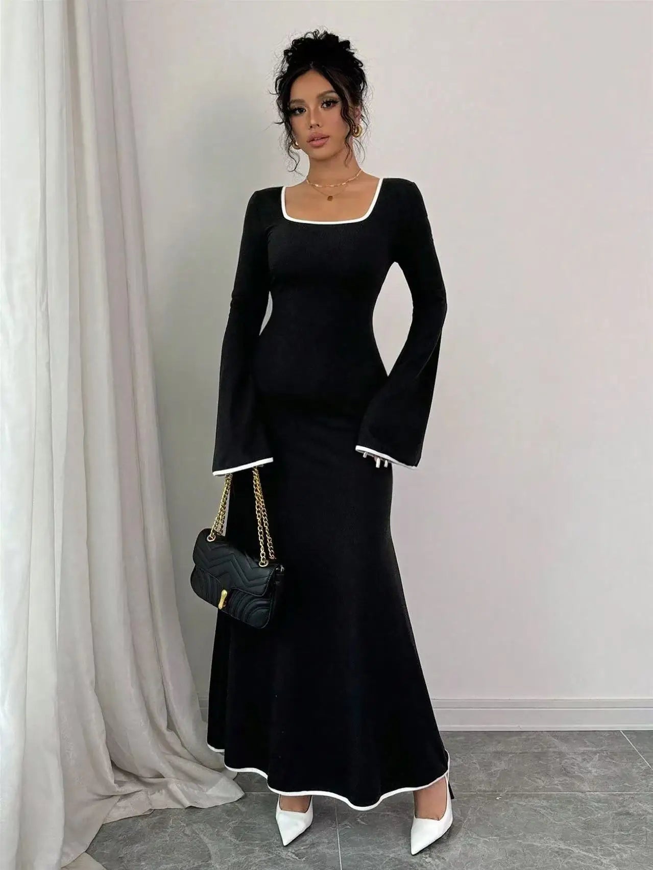Women's Square Neck Contrast Color Long Sleeve Dress