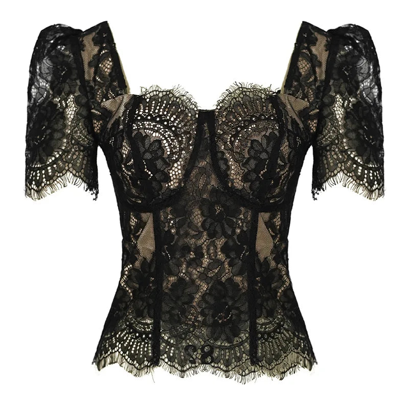 French Fashion Elegant Black Blouse Hook Floral See Through Women Tops Outfits Sheer Lace Sexy T-Shirts Tees Party Sweet Clothes