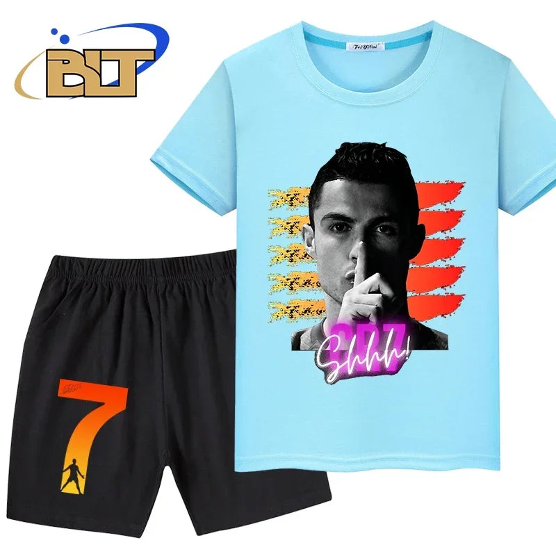 Ronaldo head print summer children's clothing kids T-shirt set pure cotton short-sleeved shorts 2-piece set boys and girls gifts