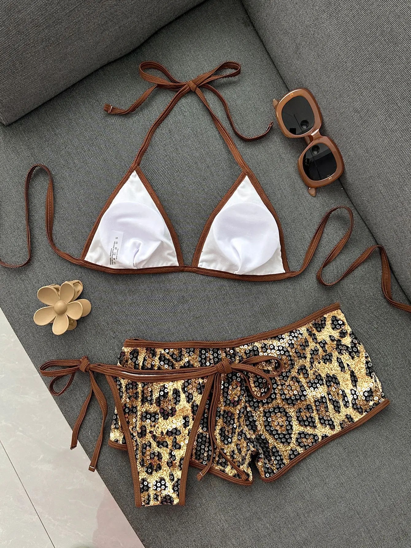 Swimwear Woman 2026 New Leopard Print Sequin Bikinis Sets Female Summer Sexy Straps Beach 2 Piece Set Bathing Suit