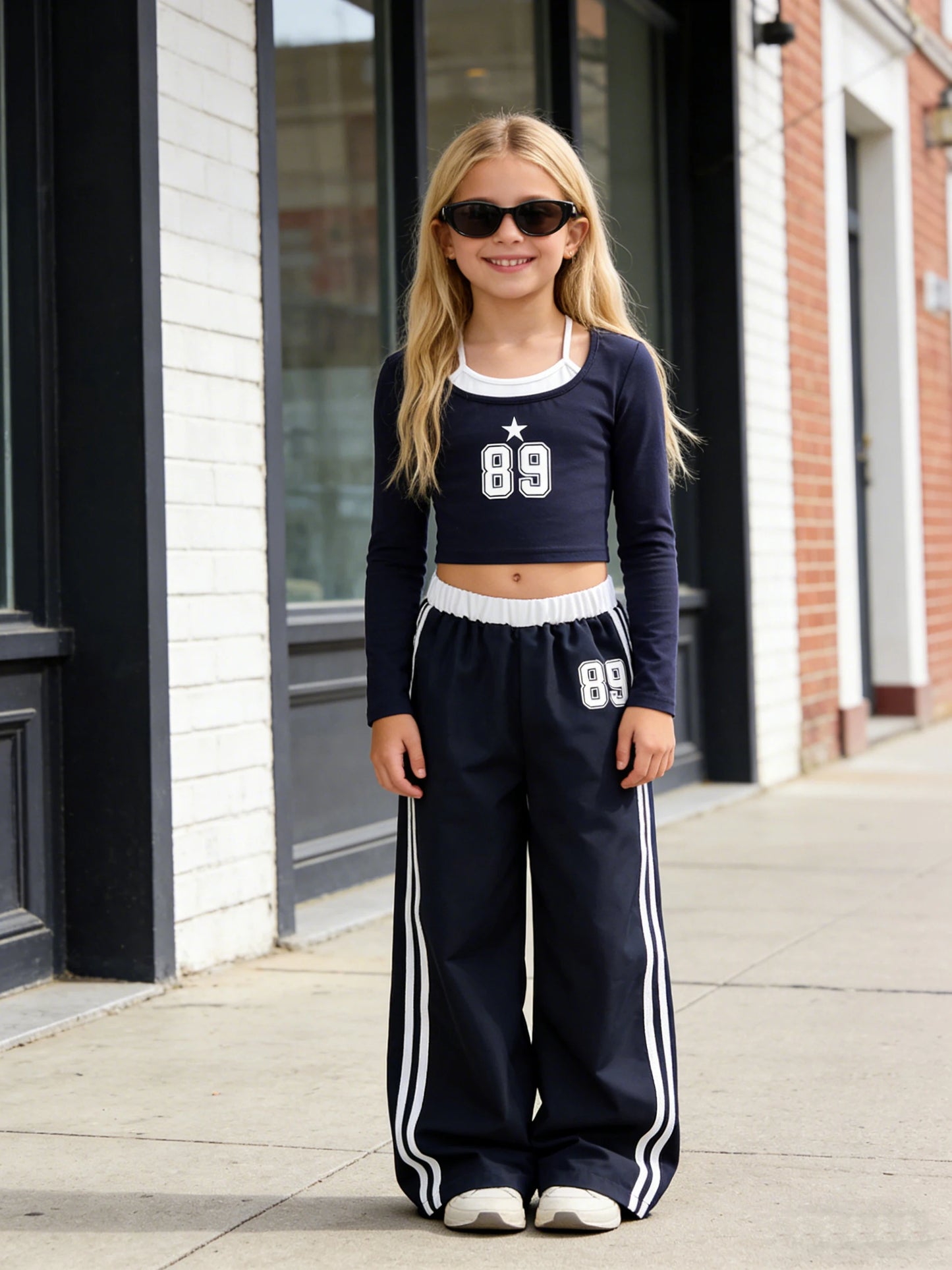 Spring and autumn girls' fashion suit, long-sleeved top with wide-leg pants, children's outdoor leisure sport two-piece set