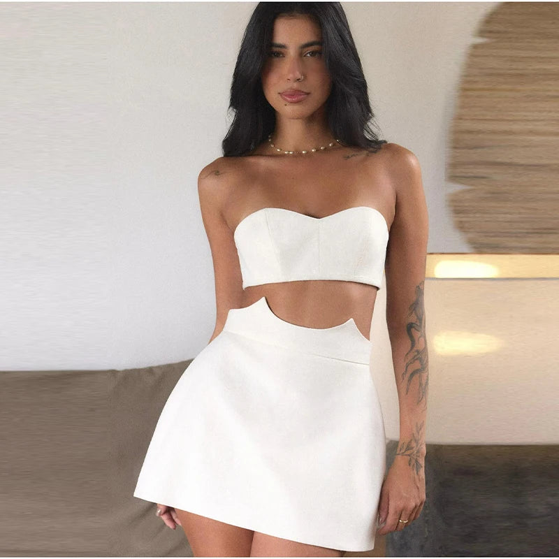 Elegant White Linen Two Piece Set Strapless Sweetheart Crop Top Cozy High Waisted Mini Skirt Summer Vacation Women's Clothing