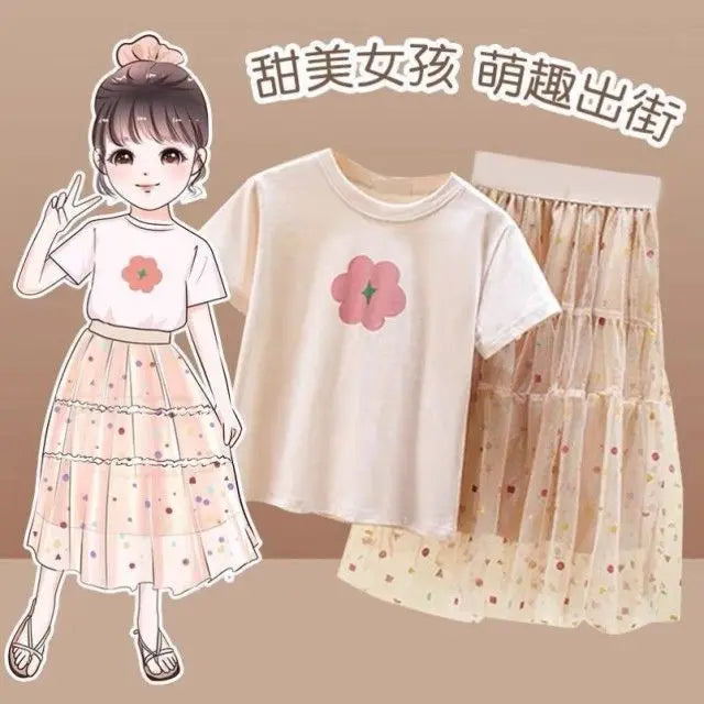 2026 Fashion Girls Dress Summer Kids T-shirt + Dress 2PCS School Casual Children Short Sleeve Dresses for Girl Teen 8 10 12 Year