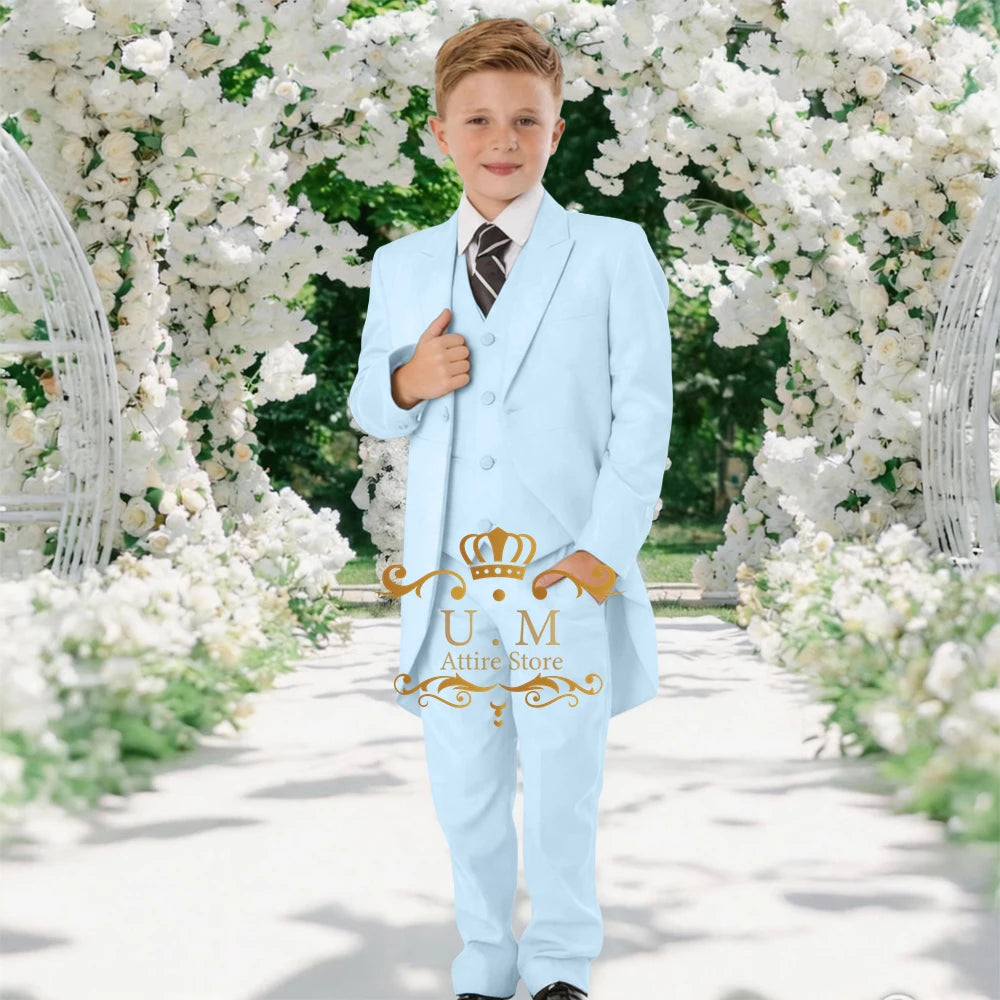 Custom Boys' 3-Piece Tuxedo Set Long Jacket Black Vest Pants Slim Fit Suit for Wedding Birthday Party Children Performances