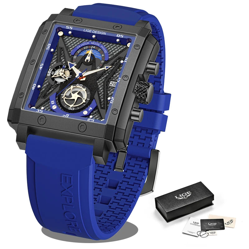 LIGE New Fashion Mens Watches Top Brand Luxury Silicone Quartz Watch For Men Waterproof Chronograph 24 Hour Moon Phase Clock+Box