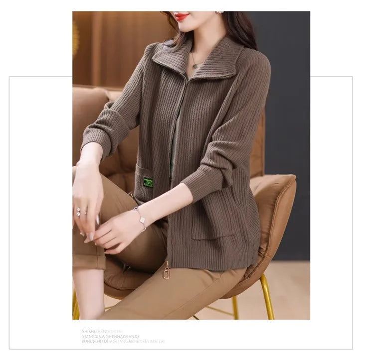 Knitted Cardigan Jacket Women Zipper Lapel Sweater Autumn Winter Outerwear