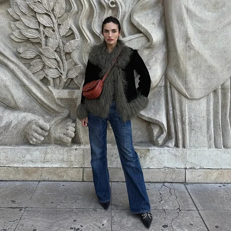 Vintage Patchwork Women's Faux Fur Trim Coat Urban Lapel Full Sleeve Female Jacket Female 2026 Autumn Winter Lady Streetwear New