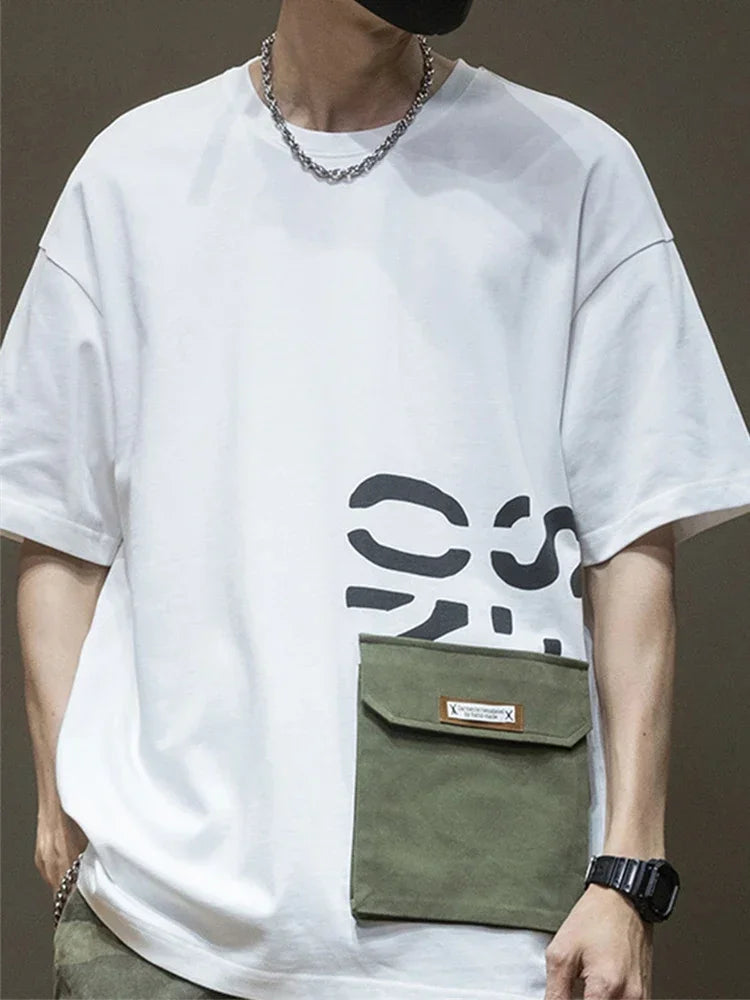 Summer Men's Short Sleeve Letter Printed T-shirt With Cargo Pocket Casual Cotton O-Neck Tops Y2K Streetwear Oversized Tee Shirts