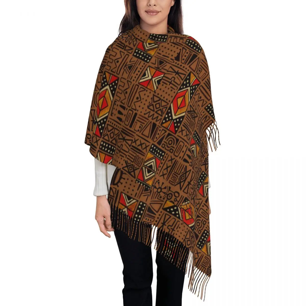 African Bogolan Africa Ethnic Tribal Art  Scarf Tassel Scarves Women Soft Warm Shawls and Wraps Large Fall Winter Shawl Wrap
