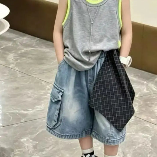 Boys Casual Clothes Set Round Neck Spliced Tee and Shorts 2PCS Suit Kids Fashion Summer Outfit 90-150CM