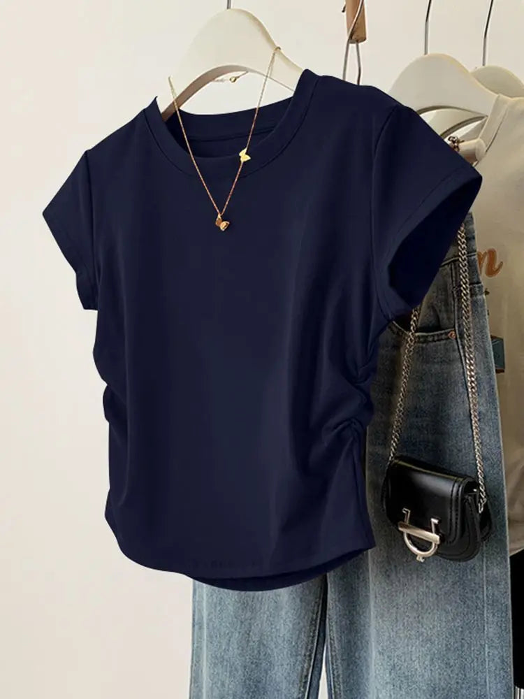 Women Summer Short Sleeve Top Slim Fit Round Neck Tee Breathable Casual