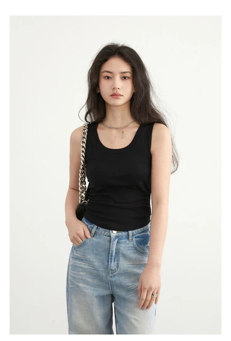 CHIC VEN Women Tanks New Solid Color Tees U-neck Pleated Vest Suspender Sleeveless Slim Female Top Spring Summer 2024