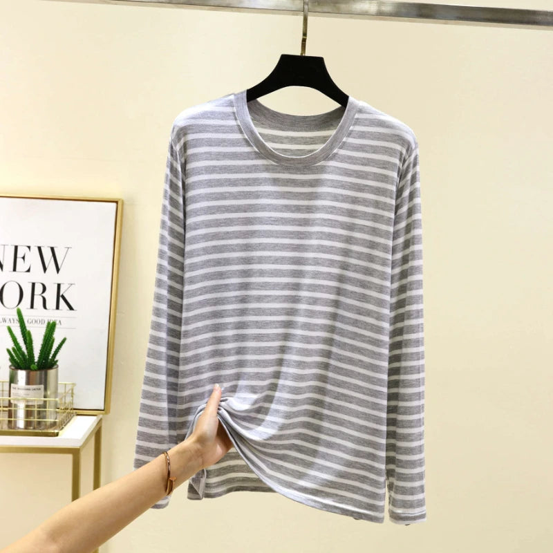Spring Men Striped T-Shirt Loose and Versatile Sleepwear Round Neck Long Sleeved Top Casual Plus Size Simple Pajamas Homewear
