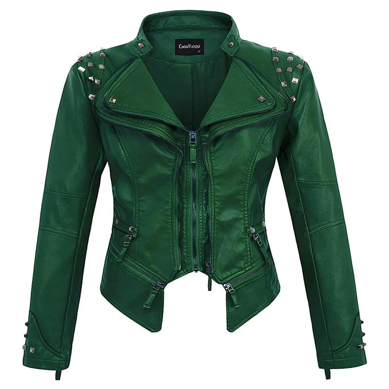 2025 Spring Women PU Leather Jacket With Suit Collar And Rivet Waist