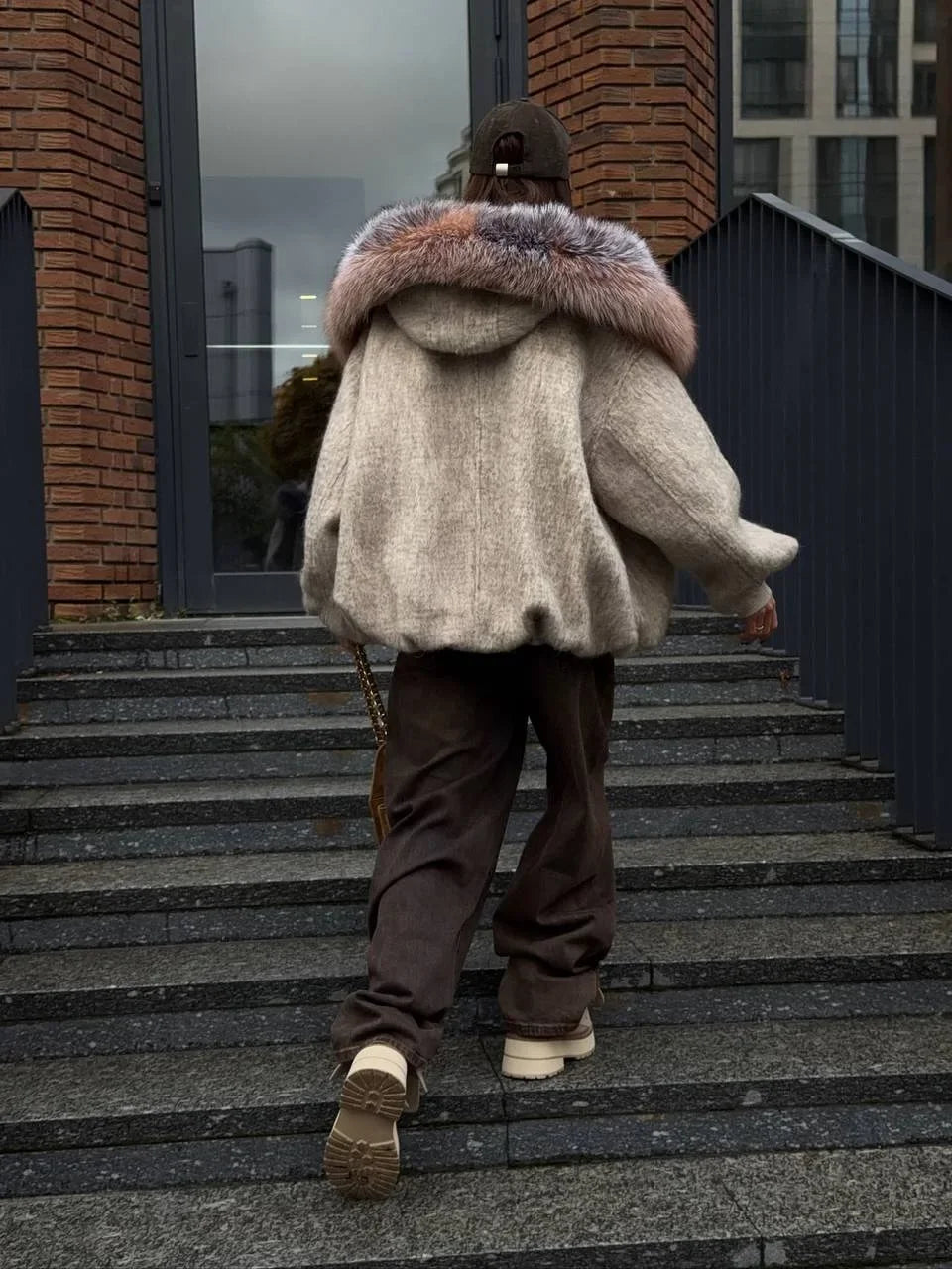 Chic Faux Fur Collar Patchwork Woolen Coat Women Casual Lapel Full Sleeve Zipper Loose Warm Coats Lady Commute Office Outerwears