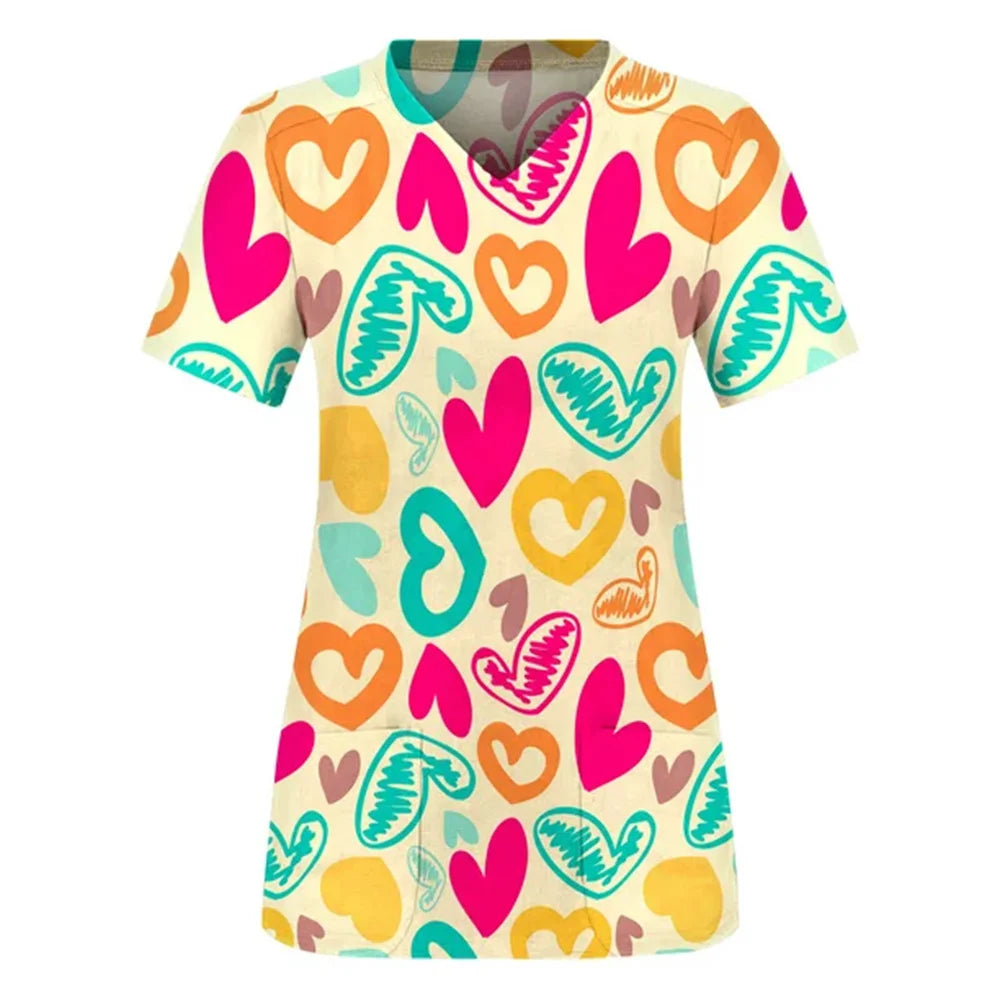 Tops Women Scrub Nurse Print Short Sleeve Cartoon V-Neck Tops Working T-Shirts Heart Print Healthcare Tunic Carers Workwear Tops