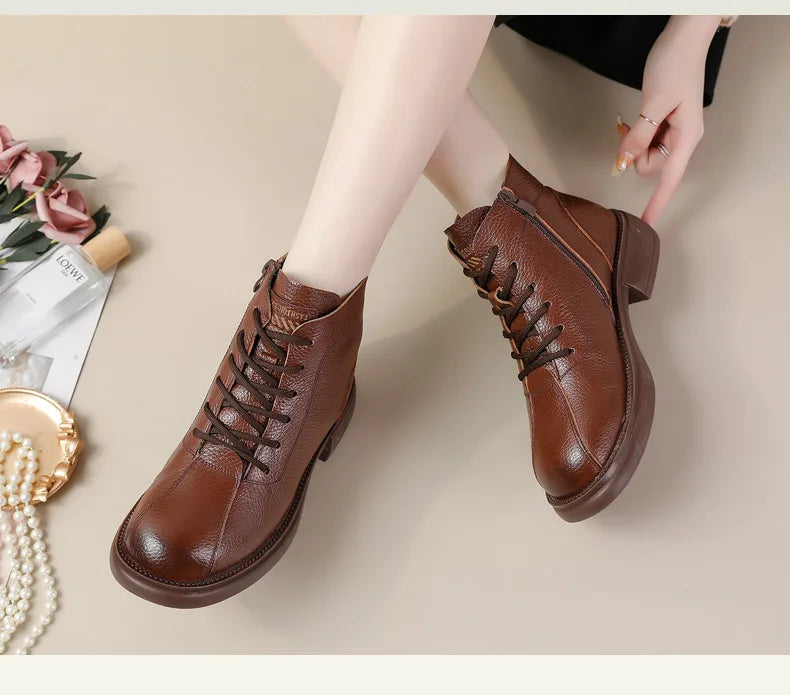 Xiuteng Autumn New Cowhide Mid-Heel Soft-Soled Women's Short Boots Retro Casual Leather  Boots Warm Women's Cotton Shoes