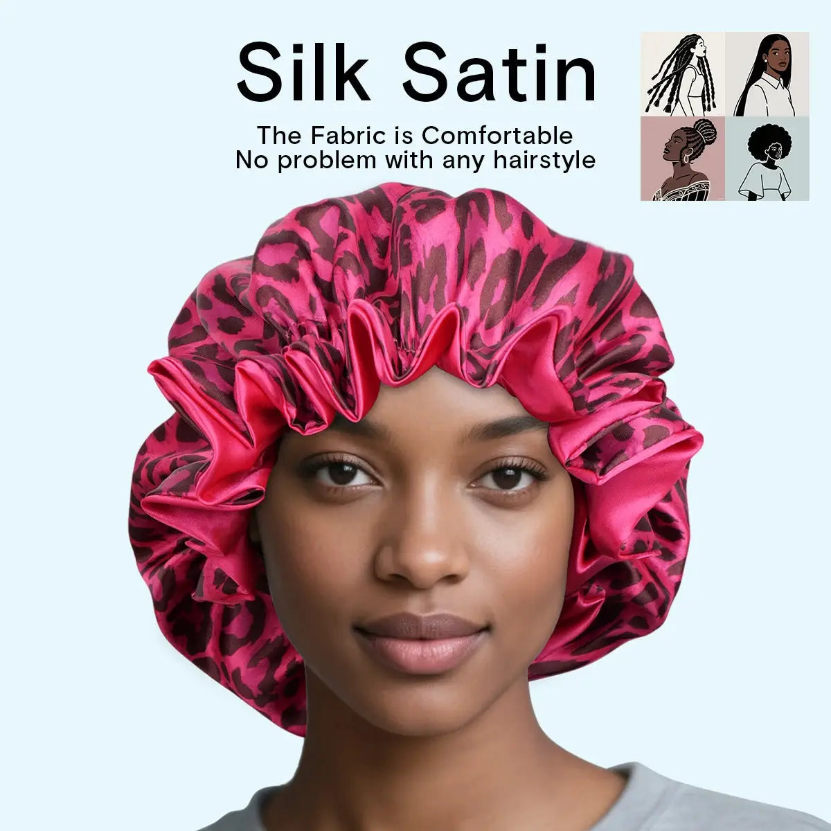 4Pcs Double Layer Satin Hair Bonnet Printed Leopard Splicing Design for Curly And Straight Hair Sleeping Cap BAZAARHUBO