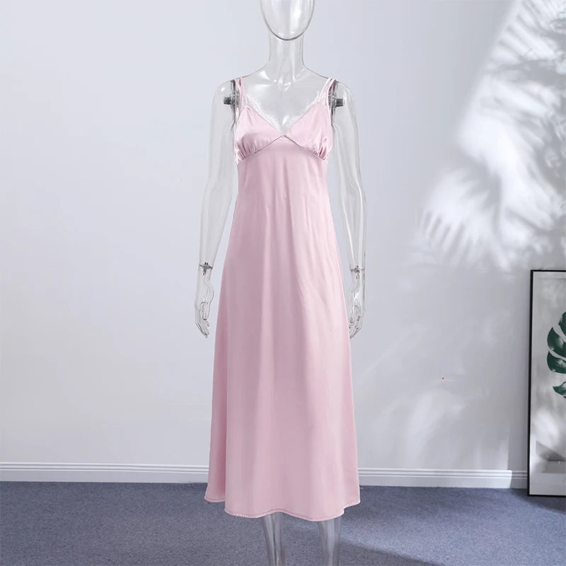 Summer Satin Lace Spliced Long Dress Women V Neck Sleeveless Waist Cinching Strap Dresses 2026 Lady Casual Solid Party Robe