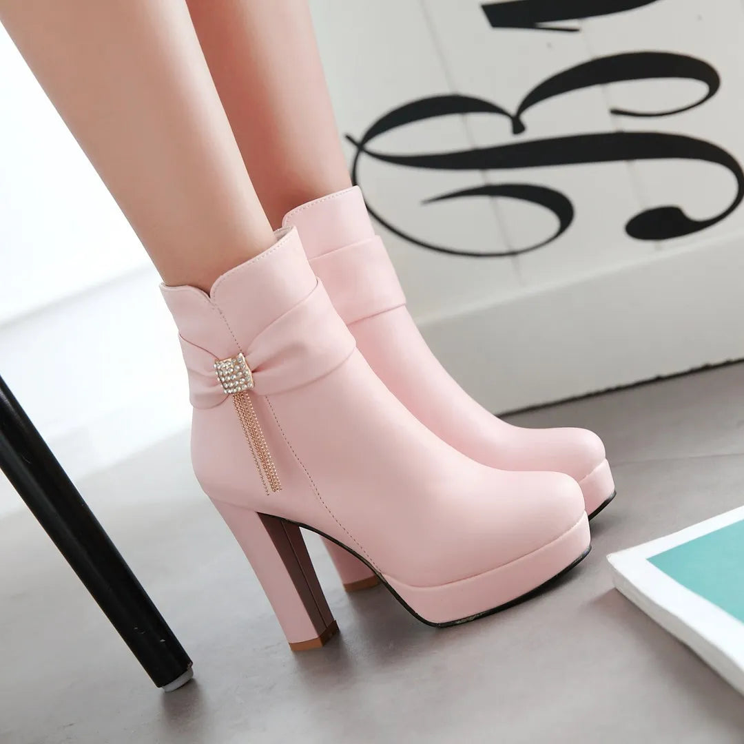 Brand Ankle Boots For Women Platform Fashion High Heel Short Boot Large Size Zipper Autumn Winter Black White Pink Women Shoes