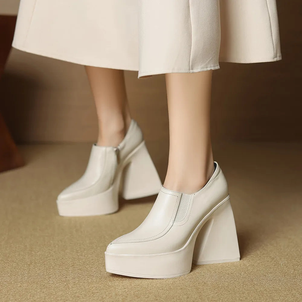 Aucegi New Spring Autumn Women Genuine Leather Pumps Classic Style Pointed Toe Platform Chunky Heel Retro Zipper Handmade Shoes