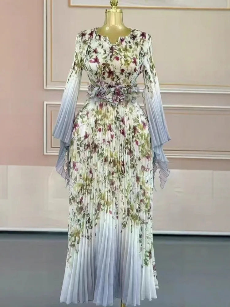 Miyake 2025 African Elegant Dress Autumn Dress New Temperament Celebrity Waist Fashion Long Dress Women's Clothing